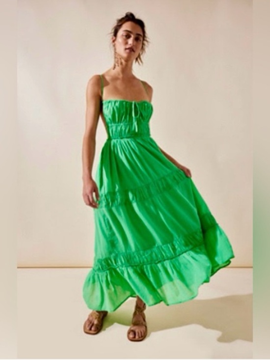 Free People Dresses & Skirts - Free People Taking Sides Green Tiered Maxi Dress with Spaghetti Straps